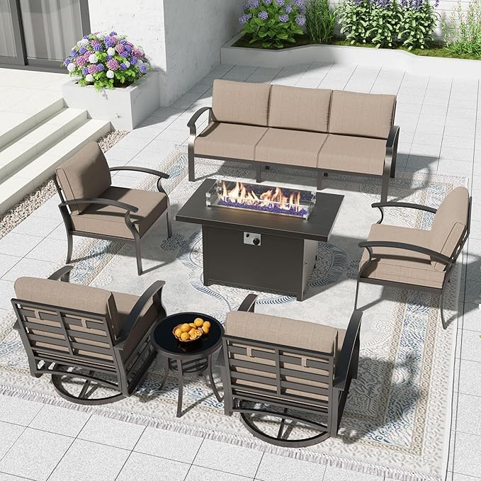 Aluminum Patio Furniture Set with 55,000 BTU Propane Fire Pit Table,7 Seats Metal Modern Outdoor Furniture w/5.1" Cushions,Patio Sectional w/Swivel Chairs for Backyard,Patio,Sand