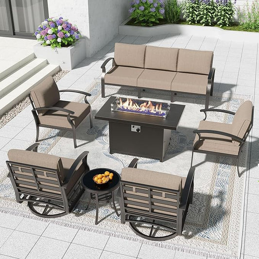 Aluminum Patio Furniture Set with 55,000 BTU Propane Fire Pit Table,7 Seats Metal Modern Outdoor Furniture w/5.1" Cushions,Patio Sectional w/Swivel Chairs for Backyard,Patio,Sand