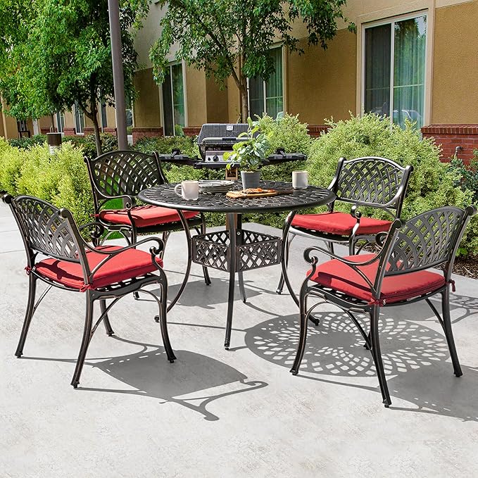 NUU GARDEN 5 Piece Outdoor Patio Dining Set, Cast Aluminum Round Dining Table with Red Cushions, Umbrella Hole and Patio Dining Chairs for Garden, Backyard, Balcony, Black with Bronze Edge
