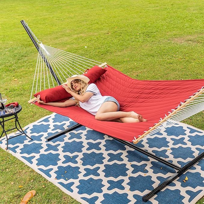Lazy Daze Hammocks 2 Person Double Quilted Fabric Hammock with Spreader Bar, Detachable Pillow, Side Pocket, Carabiners, Chains, Straps for Outdoor, 450lbs Capacity, Burgundy