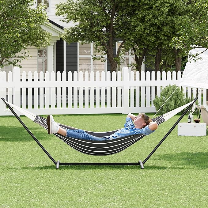 Double Hammock with Stand - Heavy Duty 450lbs Capacity, Portable Cotton Hammock for Two Adults, Indoor & Outdoor Use with Travel Bag, Chasm Stripe Pattern