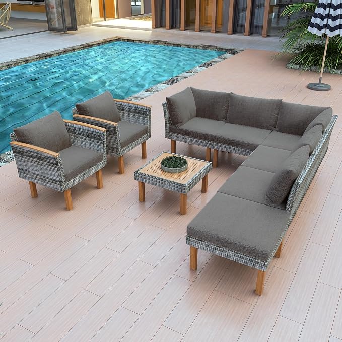 9 Piece Patio Furniture Set, Outdoor Conversation Set with Acacia Wood Legs and Tabletop,All Weather PE Rattan Sectional Sofa Set with Coffee Table, Washable Cushion, Grey