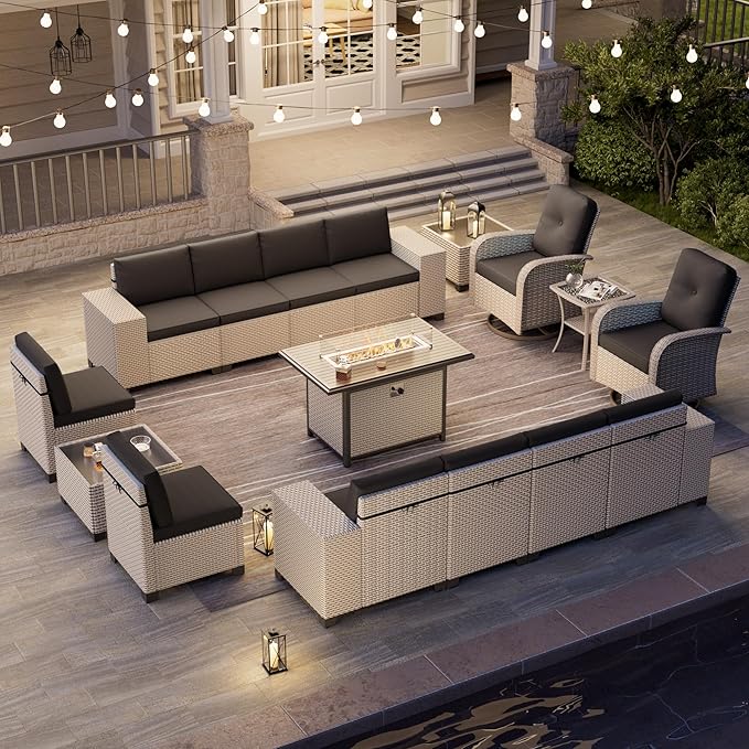 16-Piece Outdoor Patio Furniture Set, Modular Sectional Sofa Set with Swivel Rocker Chairs & Fire Pit, Wicker Outdoor Couch Conversation Sets w/Coffee Table and Cushions, Black