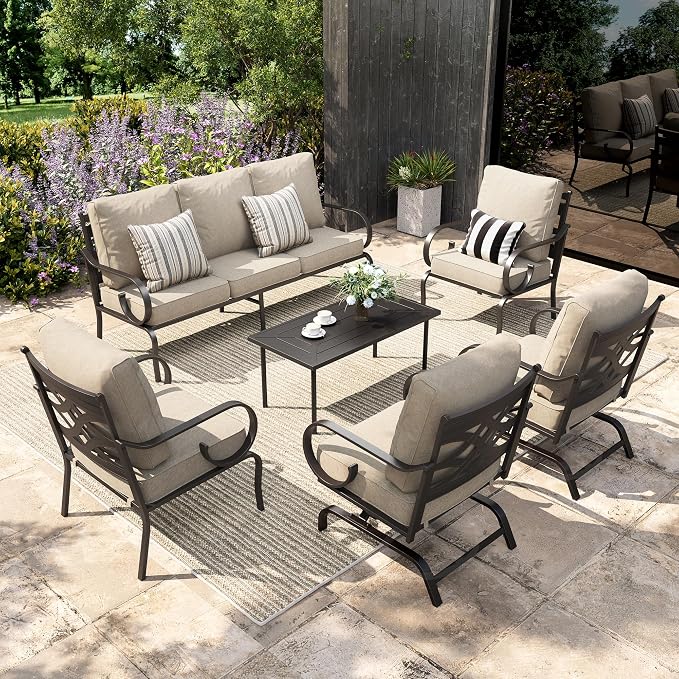 Sophia & William Patio Conversation Set for 7, 3-Seater Sofa, 2 Fixed Chairs, 2 Rocking Chairs and a Coffee Table, Metal Outdoor Furniture with 5.75" Extra Thick Cushions, Beige