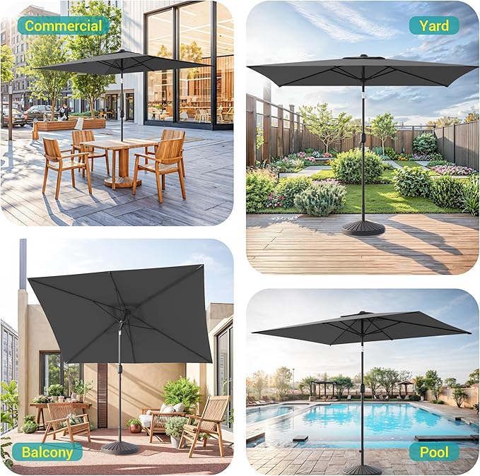 Rectangle Patio Umbrella with Solar Lights, 6x9ft Outdoor Rectangular Table Market Umbrella Patio with Push Button Tilt and Crank for Pool, Deck, Garden,Backyard
