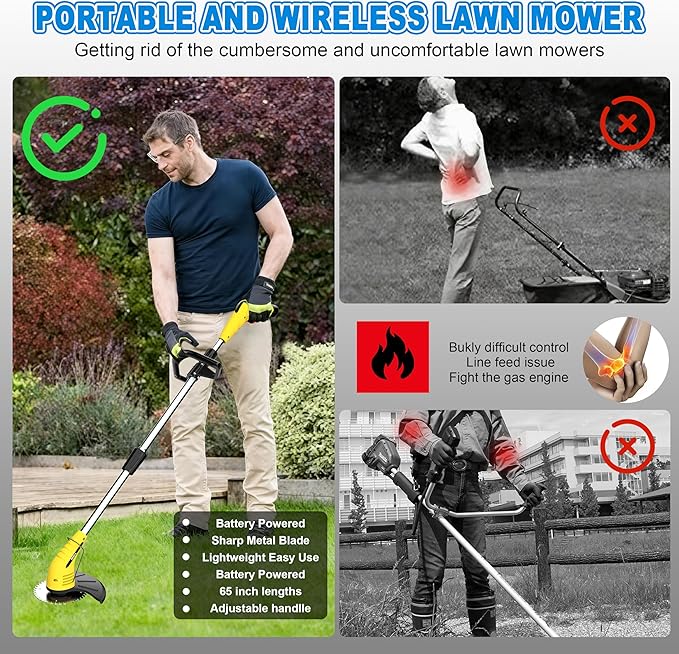 Aokia Electric Weed Wacker Cordless, 12V Battery Powered Weed Eater Cordless with Adjustable Pole (65inch), Lightweight Grass Trimmer Cutter/Edger/Mower with 2 Types Blade for Yard Lawn and Garden