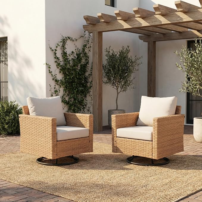 SUNSITT Patio Swivel Chair Set of 2, Wicker Swivel Chairs Outdoor Seating Furniture with Thick Comfy Cushions, for Porch, Balcony, Deck, Natural Rattan Color
