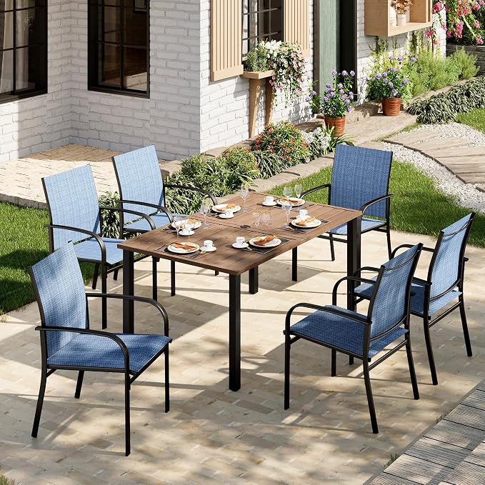 MIXPATIO Patio Table and Chairs Set, Outdoor Dining Set for 6 with Blue Chairs and Teak Color Tabletop Outdoor Dining Table, 7-Piece Patio Furniture Set for Deck Backyard Lawn