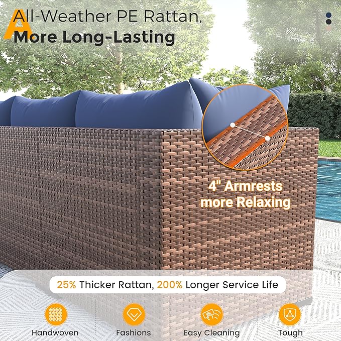 UDPATIO Furniture Set with Fire Pit Table, 8 Piece Sectional Sofas, All-Weather Wicker Conversation for Garden, Backyard, Navy Blue