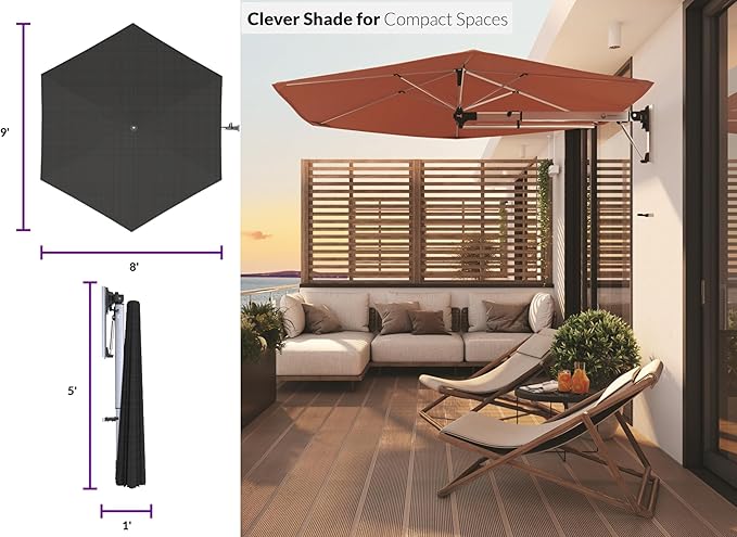 ShadowSpec Retreat Patio Umbrella, Large 9FT Hexagon Wall Mount Umbrella for Balcony, Apartments, And Outdoor Patio