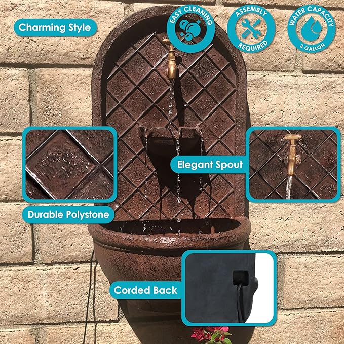 Sunnydaze Messina 26" Outdoor Wall Water Fountain with Pump - Bronze - Electric