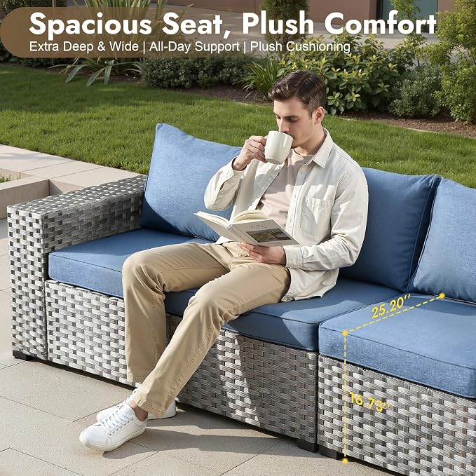 12 Pieces Patio Furniture Set, Wicker Outdoor Sectional Sofa with Coffee Table Comfy Cushions, Modern Modular Deep Seat Rattan Couch Conversation Set for Backyard Porch Yard,Denim Blue