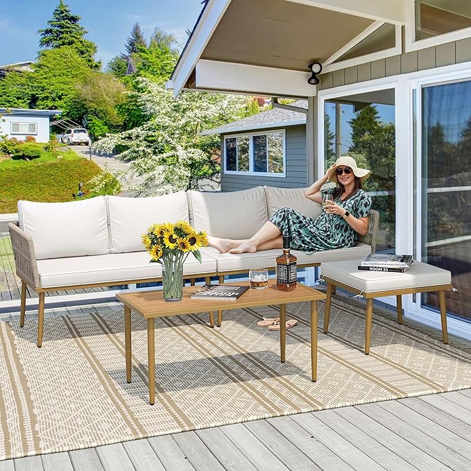 YITAHOME 6 Pieces Patio Furniture Set with Coffee Table & Washable Cushions, Wicker Rattan Conversation Sectional Set for Garden Yard Pool Beige