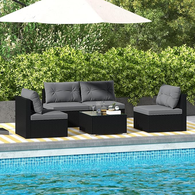 Tangkula 5 Piece Rattan Sofa Set, Outdoor Wicker Furniture Set w/Seat & Back Cushions, Square Coffee Table, Patio Sectional Sofa Set for Backyard, Poolside, Garden (Grey)
