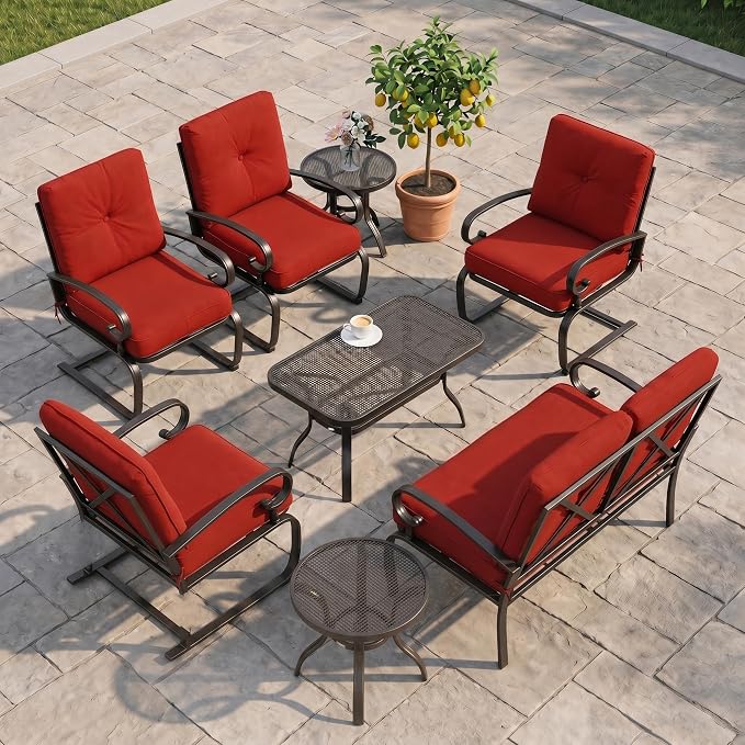 8 Pcs (6 Seats) Metal Outdoor Patio Furniture Conversation Sets, 4 Spring Chair, Loveseat and 3 Coffee Table, with Cushions (Red)