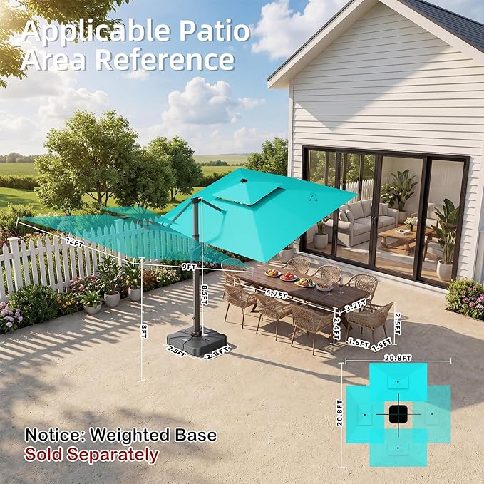 Deconk 9' X 12' Patio Umbrella with LED Lights Outdoor Cantilever Large Rectangle Offset Umbrellas Heavy Duty Aluminum Double Top with 360-degree Rotation for Pool Garden Deck, Turquoise