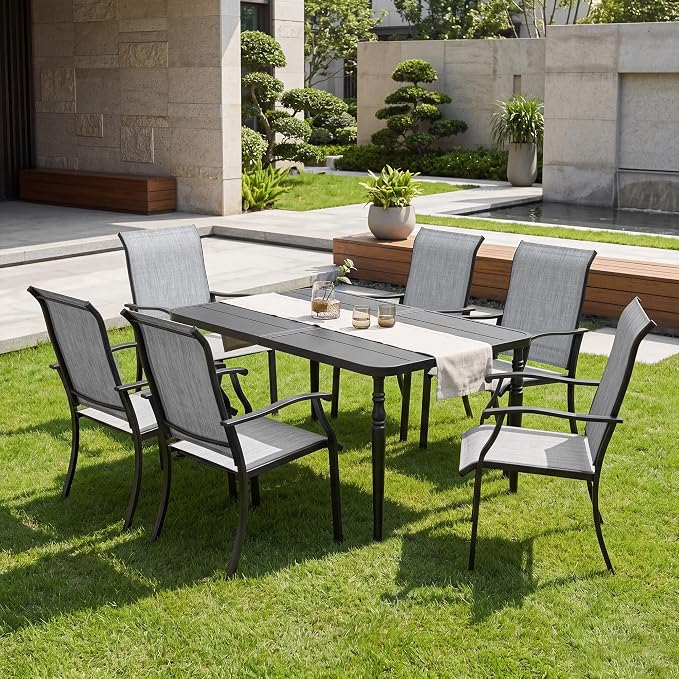 NUU GARDEN 7-Piece Patio Dining Table Set, Outdoor Metal Dining Furniture Set with Umbrella Hole Rectangular Table and 6 Textilene Chairs, Black