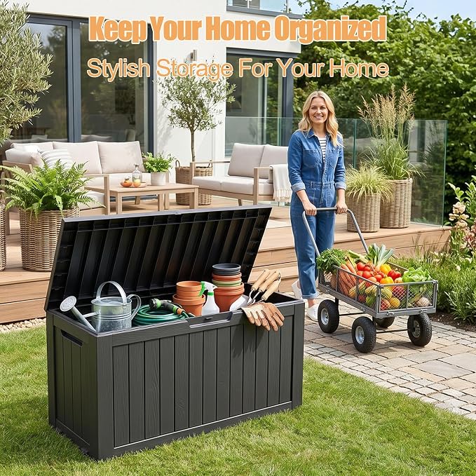 Outdoor Storage Box, 100 Gallon Resin Deck Box, Lockable Indoor Outdoor Waterproof Storage Bins With Bottom Wheels for Patio Cushions, Gardening Tools, Black