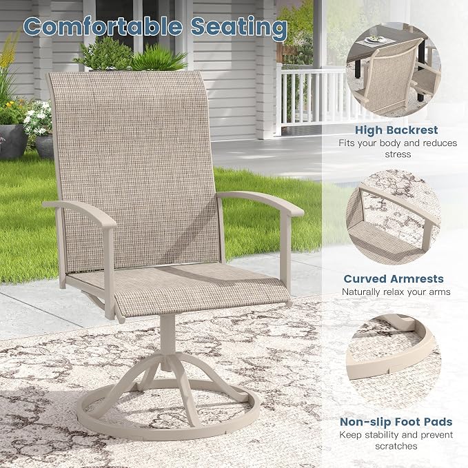 DIFY 9 Pieces Outdoor Dining Set for 8, 60" Grey Wood-Like Round Metal Table with Umbrella Hole and Sandshell Textilene Swivel Patio Chairs, Patio Table and Chairs Set for Garden, Backyard, Poolside