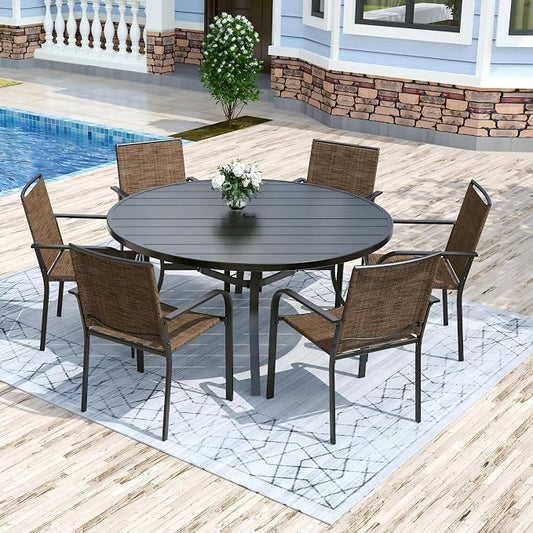 Anmutig 7 Piece Patio Dining Set 54 Inch Round Table Stackable Chairs Brown | Powder-Coated Steel Frame, Quick-Dry Textilene Mesh, Dual-Size Umbrella Hole, Weather Resistant, Patio, Garden, Backyard
