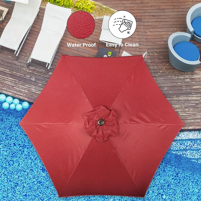 Simple Deluxe 7.5' Patio Umbrella with 20 Inch 50lbs Capacity Fillable Round Base, 6 Sturdy Ribs with Push Button Tilt/Crank for Garden, Deck, Backyard, Pool, Red and Black