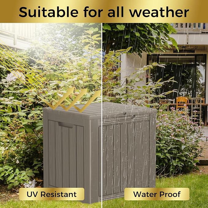 Outdoor Storage Box, 35 Gallon Waterproof Deck Box [Upgraded 3.0], Quick Snap-Lock Resin Cabinet for Seat Pillows, Patio Blankets, Lockable End Table Beverage Stand, Apartment Deck, Grey