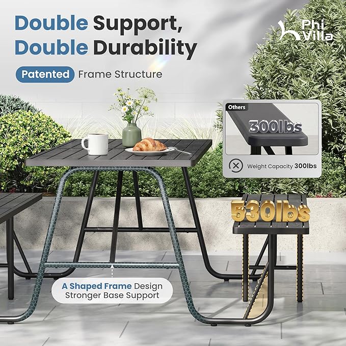 PHI VILLA 70" Outdoor Metal Table Bench Set for 4, w/Umbrella Hole | Black wood grain pattern, all weather. Dining furniture set for patio deck yard porch.