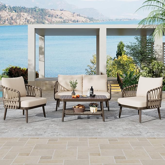 Christopher Knight Home Lena Patio Conversation Set, Two Club Chairs, Rope Woven Loveseat, Metal Frame Armchair, Rectangular Coffee Table, Outdoor Side Table and Chair Set for Backyard, Brown+Beige