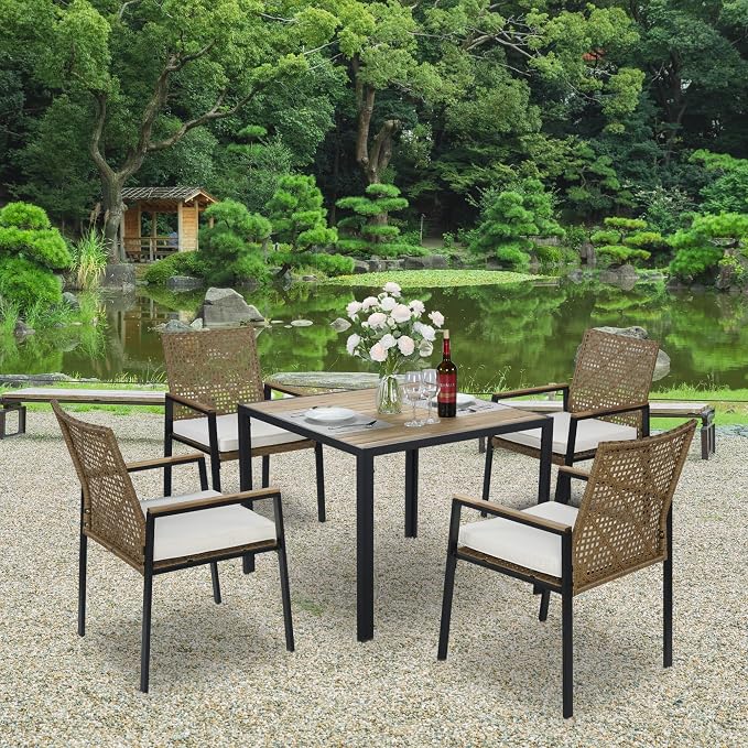 5-Piece Outdoor Patio Furniture Dining Set, All-Weather Rattan Conversation Set with Umbrella Hole, Weather Resistant Table and Chairs for Garden/Backyard Deck (Yellow)