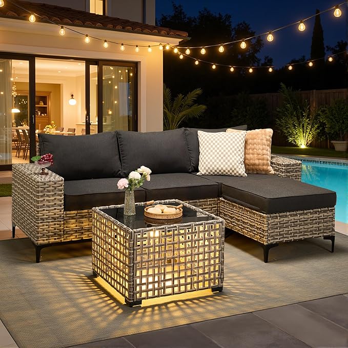 HOOOWOOO Outdoor Sectional Furniture Set with Solar Table,5 Pieces Wicker Patio Conversation Sets,L Shape All Weather Resistant Outside Couch Sofa Ottoman,Black
