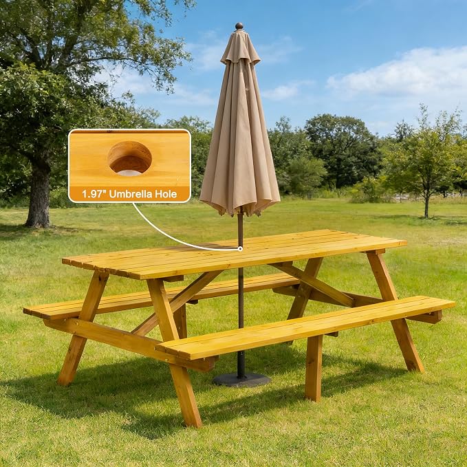 75 inch Wooden Picnic Table,Outdoor Wooden Dining Rectangle Table w/Umbrella Hole,Picnic Table Bench Set for 6 or 8 Person，2200lbs Capacity Natural for Camping, Garden & BBQ,Yellow