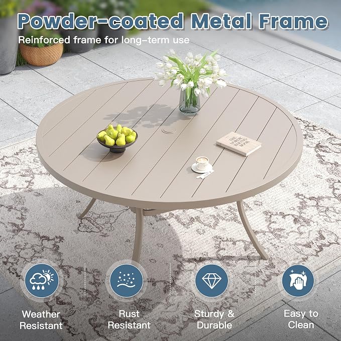 DIFY Outdoor Dining Set for 6, 7 Piece Patio Table and Chairs Set, Swivel Patio Dining Chairs with Textilene Fabric & 53" Round Metal Dining Table with Umbrella Hole, for Garden Backyard, Sandshell