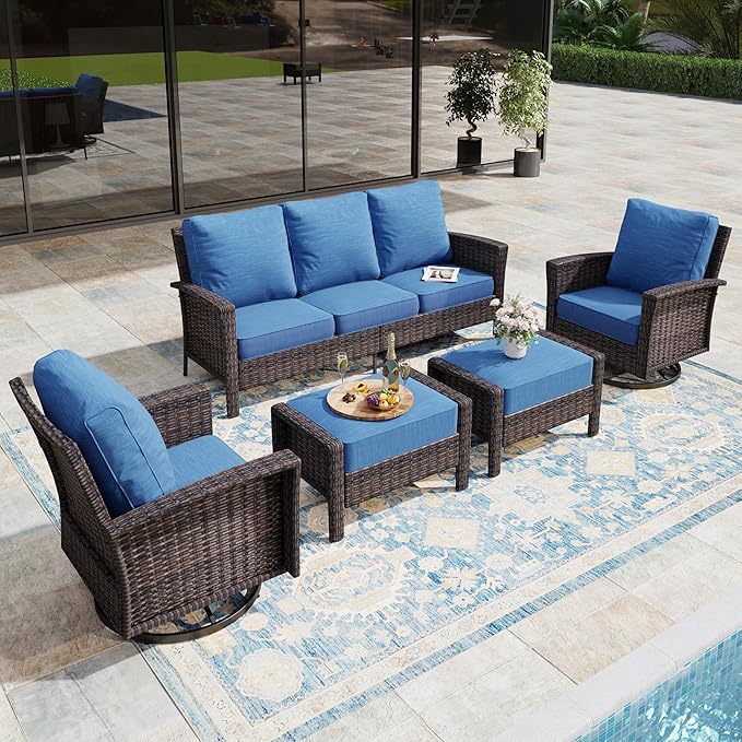 5-Piece Wicker Patio Furniture Set with Swivel Chairs, High Back Outdoor Furniture with 5.5-inch Thick Cushion and Ottoman, All-Weather Wicker Patio Conversation Set for Deck Lawn, Navy Blue