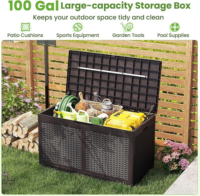 Giantex 100 Gallon Resin Outdoor Storage Box, Waterproof Deck Box w/Lockable Lid & Wheels, Rattan Storage Container Bench for Patio Cushions, Pool Accessories, Gardening Tools, 440 lbs (Brown)