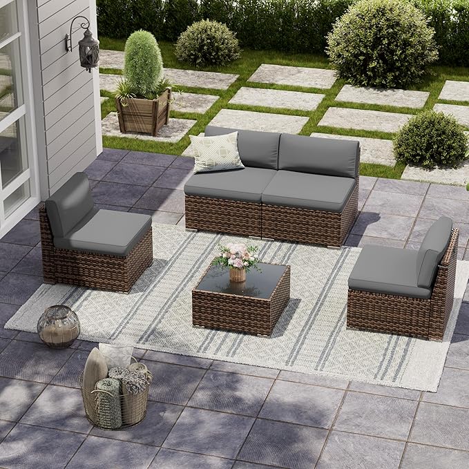 UDPATIO Patio Furniture Set, Modular Outdoor Sectional with 105°Slanted Back, 5 Pieces Rattan Conversation Set for Poolside, Backyard, Deck, with Coffee Table, Waterproof Cover, Grey