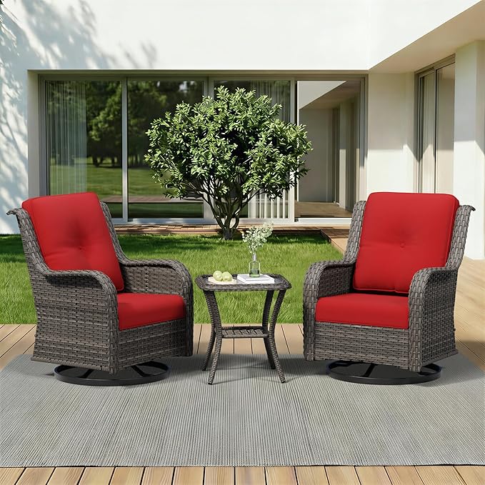 3 Piece Outdoor Wicker Patio Furniture Set, Swivel Rocker Patio Chairs Set with Thickened Olefin Cushions, High Back and Deep Seating, Hand-Woven PE Rattan for Porch, Deck