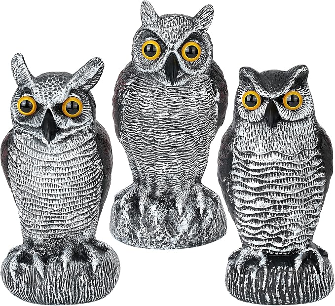 3-Pack Owl Decoys for Bird Deterrent - Weatherproof Bird Repellent Devices for Outdoor Use - Plastic Owls to Scare Birds Away and Control Garden Pests