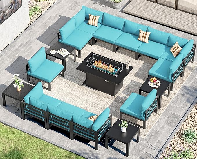 NICESOUL 12 Seat Extra Large Aluminum Patio Furniture Set with Fire Pit Table & End Table, 29" Wide Deep Seating, All-Weather L Shaped Outdoor Sofa, Contemporary Conversation Set for Garden, Turquoise