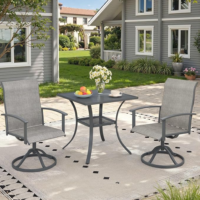 3 Pieces Small Patio Dining Set, Outdoor Furniture of 27.5" Square Small Patio Table and Patio Swivel Chairs for Backyard Lawn Garden, Dark Grey Table and Grey Chairs