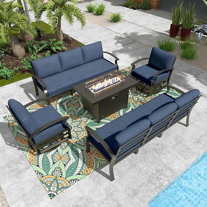 Gotland Aluminum Patio Furniture Set with Fire Pit Table, Metal Patio Furniture with 2 Swivel Rocking Chairs Waterproof 5.1'' Seat Cushions, Oversized Outdoor Sectional for Garden Balcony Porch Navy