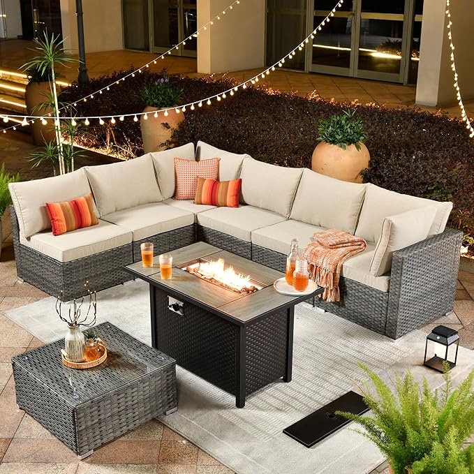 ovios Outdoor 8 Piece Patio Furniture Set with Fire Pit Table,Conversation Sectional Wicker Couch with Coffee Table,Modern Outside Sofa for Balcony Backyard, Beige