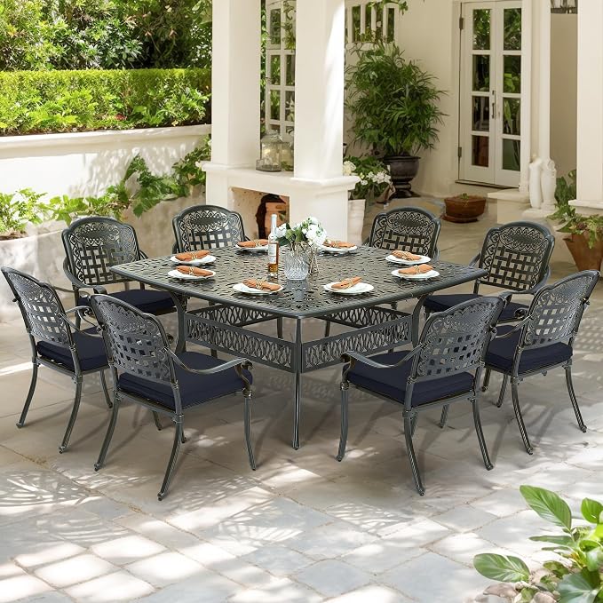 9-Piece Patio Cast Aluminum Dining Set, Outdoor Table and Chairs Set for 8, Includes 64" Large Square Dining Table and 8 Cushioned Chairs with Umbrella Hole for Lawn Garden, Navy Blue