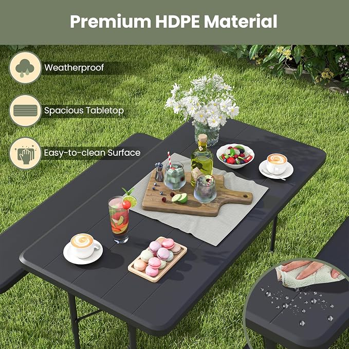 Tangkula Folding Picnic Table with 2 Benches, Outdoor Metal Camping Table Set with Plastic Wood-Like Texture Tabletop & Steel Frame, Foldable Camping Table for Picnic, Party, BBQ (Black)