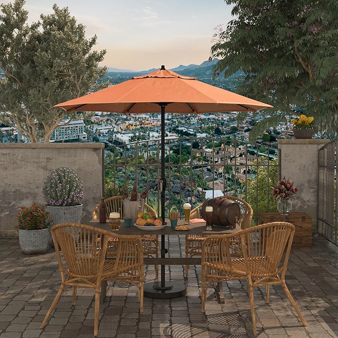 California Umbrella 7.5' Rd Aluminum Patio Umbrella, Crank Lift, Auto Tilt, Black Finish