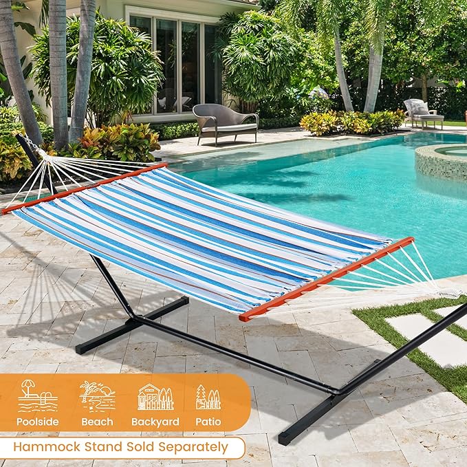 Lazy Daze Hammocks Cotton Fabric Double Hammock with 55" Spreader Bar, Portable Camping Hammock with Carrying Bag & Tree Straps for Patio, Backyard, Balcony, 450lbs Capacity, Blue & White