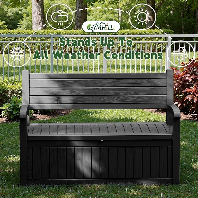 80 Gallon Outdoor Storage Bench Spacious Storage Box Waterproof Resin Deck Box Lockable for Patio, Garden, Living Room & Outdoor Spaces（Black）