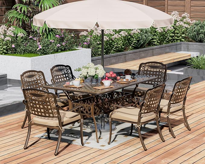TITIMO 7-Piece Outdoor Furniture Dining Set, All-Weather Cast Aluminum Conversation Set Includes 1 Rectangular Table and 6 Chairs with Khaki Cushions and Umbrella Hole for Patio Garden Deck