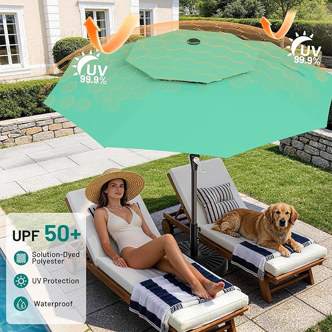 AreShark 9ft 2 Tiers Patio Umbrella - Outdoor Umbrella Waterproof UV Protection, Market Table Umbrella w/Push Button Tilt&Crank for Pool, Porch, Garden(Turquoise)