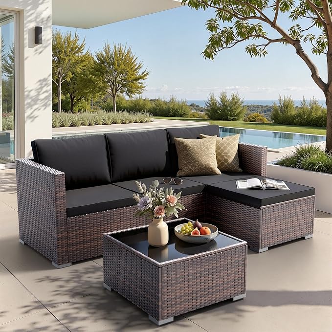 WWR Patio Furniture Set 5 Piece - Wide Armrests - All-Weather Wicker Rattan Outdoor Conversation Couch Sets, Modular Sectional Sofa for Garden, Patio, Poolside, Backyard, Balcony, Porch