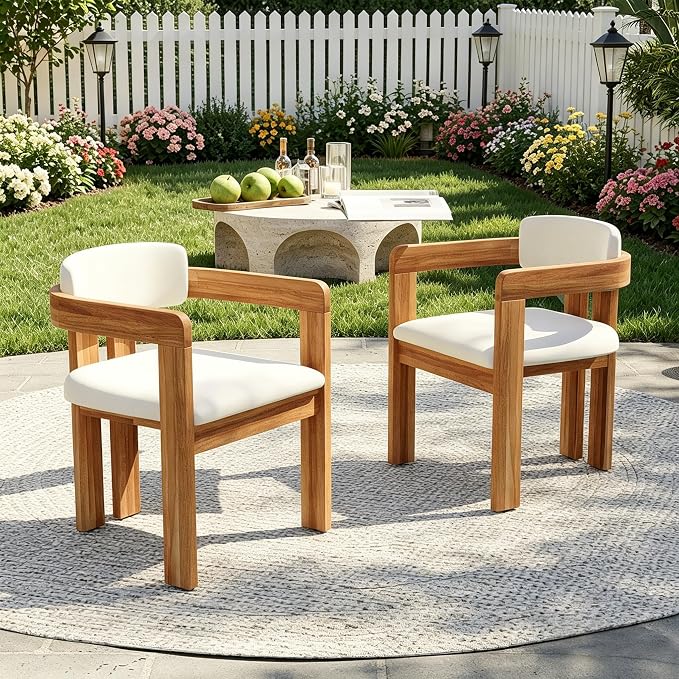 Merax Outdoor Acacia Wood Dining Chairs Set of 2, Modern Solid Wood Patio Chairs with Beige Cushions & Backrest, Outdoor Armchairs Seating Furntiure for Patio Garden Balcony Backyard